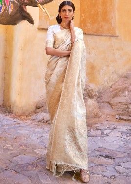 Off White Woven Classic Saree In Art Silk