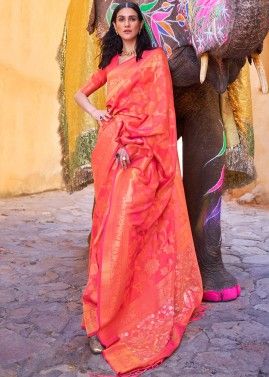 Orange Zari Woven Silk Saree With Blouse