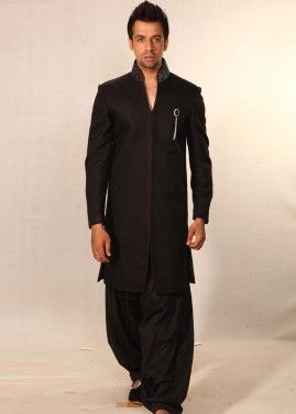 Black Readymade Slit Style Sherwani With Dhoti