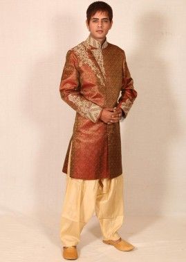 Orange Readymade Woven Groom Sherwani Dhoti Set