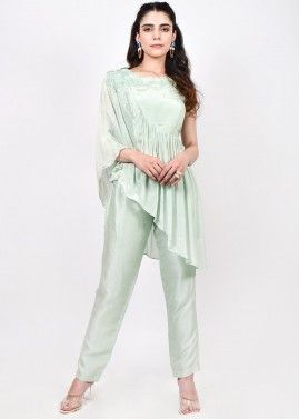 Green Embroidered Peplum Style Kurti With Pant