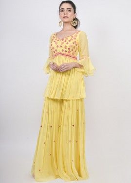 Yellow Embroidered Peplum Style Kurti Sharara Set