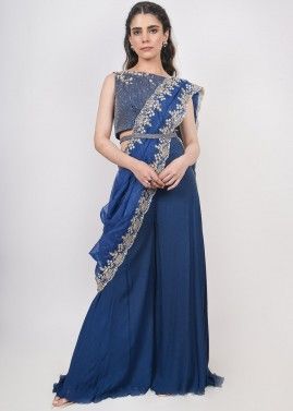 Navy Blue Embroidered Top Palazzo With Draped Dupatta