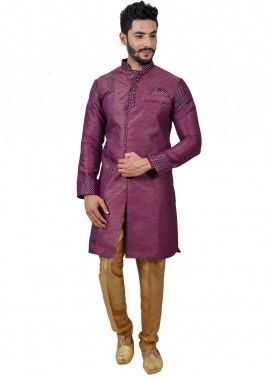 Purple Readymade Art Silk Sherwani With Churidar