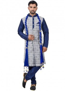 White and Blue Woven Readymade Sherwani With Churidar