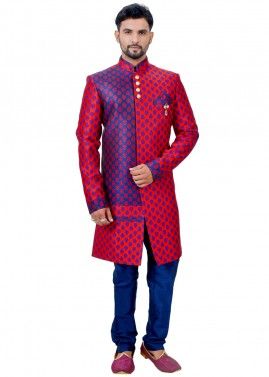 Red and Blue Woven Brocade Sherwani With Churidar