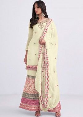 Yellow Georgette Embroidered Sharara Suit & Dupatta