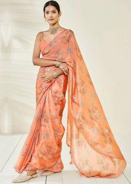 Orange Floral Print Festive Chiffon Saree