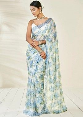 White Floral Printed Party Wear Saree In Chiffon
