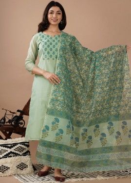Green Hand Block Printed Straight Cut Suit