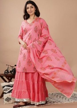 Pink Hand Block Printed Sharara Suit Set