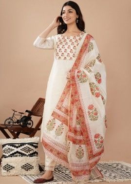 White Hand Block Printed Straight Cut Suit