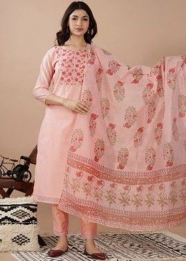 Pink Hand Block Printed Straight Cut Suit