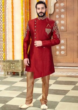 Red Embroidered Asymmetric Sherwani With Trouser