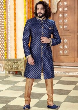 Readymade Navy Blue Woven Sherwani With Trouser