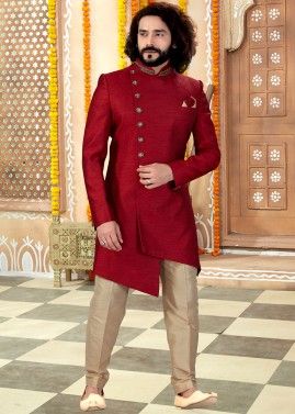 Maroon Asymmetric Readymade Woven Sherwani Trouser Set