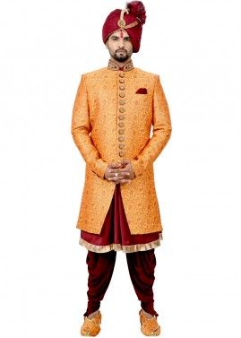 Orange Maroon Woven Groom Indo Western Sherwani Dhoti Set