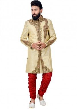 Golden Readymade Embroidered Groom Sherwani With Breeches