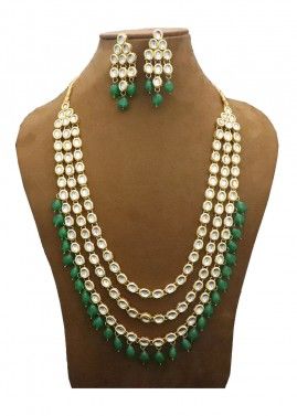 Green & White Layered Kundan Studded Necklace Set