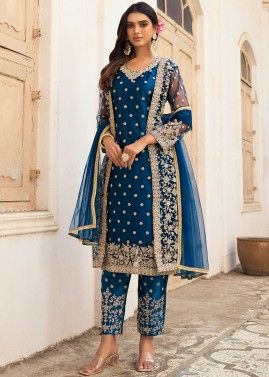 Blue Jacket Style Pant Suit With Dori Embroidery