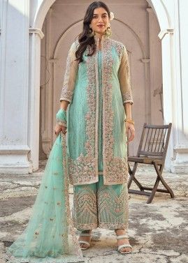 Turquoise Embroidered Jacket Style Palazzo Suit In Net