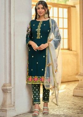Green Georgette Embroidered Pant Suit & Dupatta