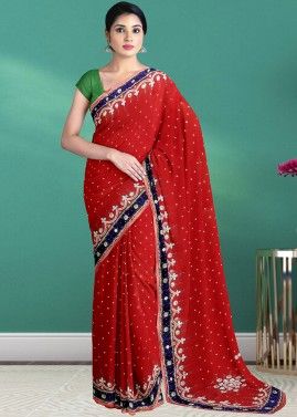 Red Stone Embellished Georgette Saree
