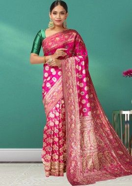 Pink Banarasi Silk Saree With Hand Embroidery