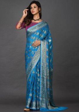 Blue Woven Georgette Saree With Blouse