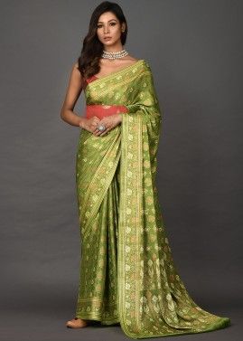 Green Georgette Woven Saree With Blouse