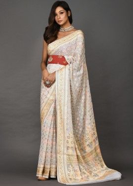 White Georgette Saree With Woven Details