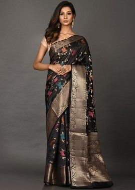 Black Art Silk Saree With Floral Woven Patterns