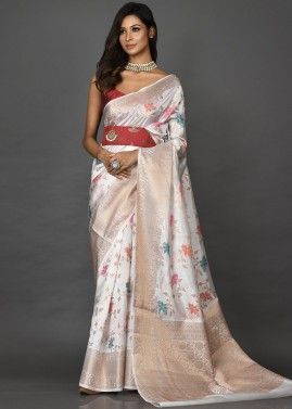 White Art Silk Saree With Floral Woven Patterns