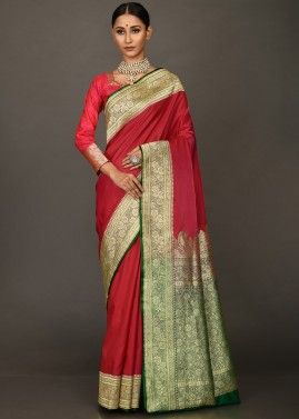 Red Woven Wedding Handloom Saree In Silk