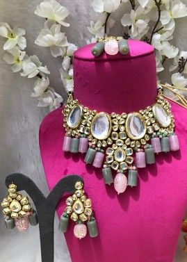 Grey And Pink Kundan Studded Choker Necklace Set