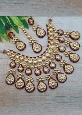 Maroon And Golden Kundan Studded Bridal Necklace Set