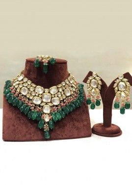 Indian Bollywood CZ AD Wedding Golden Black Fashion Jewelry Choker Necklace  Set