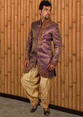 Purple Asymmetric Woven Groom Sherwani With Dhoti