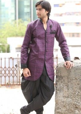 Purple Asymmetric Woven Sherwani With Dhoti Pant