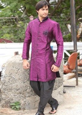 Purple Readymade Woven Sherwani With Dhoti Pant