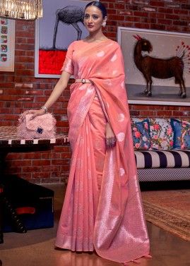 Peach Zari Woven Festive Saree In Linen
