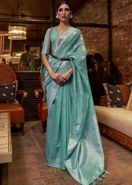 Blue Zari Woven Saree In Linen
