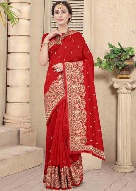 Red Art Silk Saree With Embroidered Work