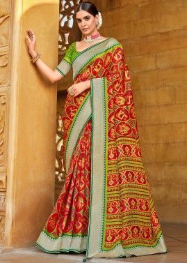 Traditional Red Printed Saree In Art Silk