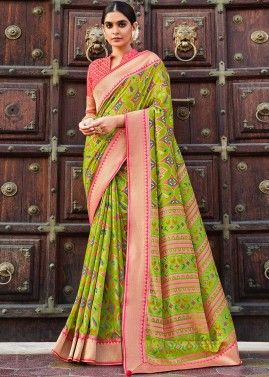 Traditional Green Printed Saree In Art Silk