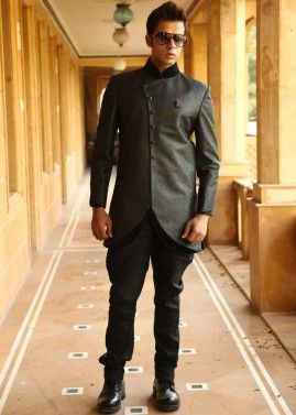 Readymade Grey Asymmetric Bandhgala Jodhpuri Suit