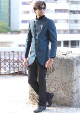 Blue Readymade Asymmetric Bandhgala Jodhpuri Suit