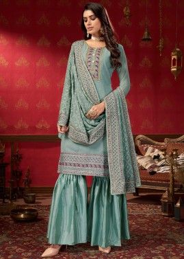 Blue Embroidered Gharara Suit In Georgette