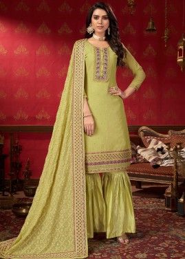 Green Embroidered Geogette Gharara Style Suit