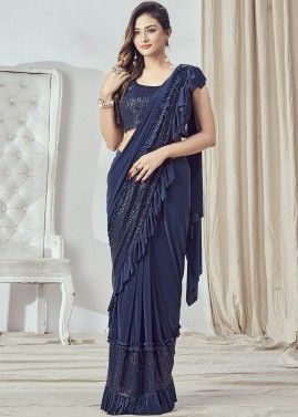 Blue Lycra Pre-Stitched Saree With Sequined Blouse